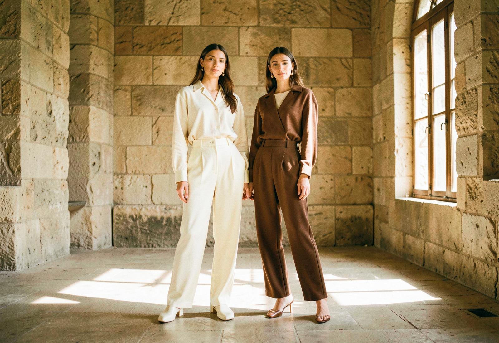 Two models in ivory and chocolate tailoring in a sunlit stone room